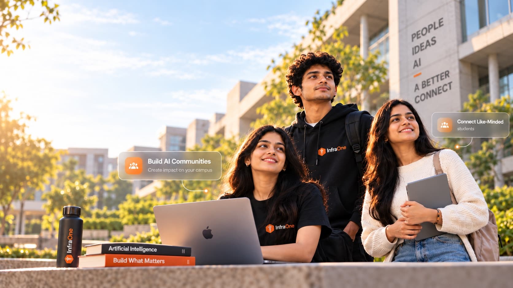 Three InfraOne campus ambassadors on a college campus, one working on a laptop beside books titled Artificial Intelligence and Build What Matters.